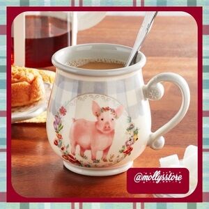 🩷 New Pioneer Woman Gray Gingham with Pig Decal Ceramic Mug